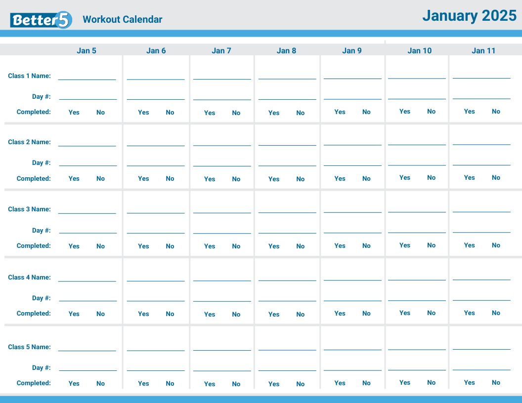 Better5 2025 Weekly Workout Calendar